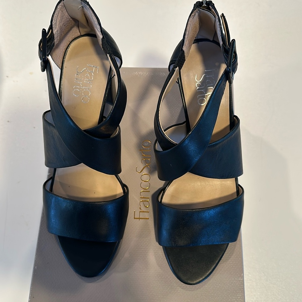 Franco Sarto, black leather strap heels